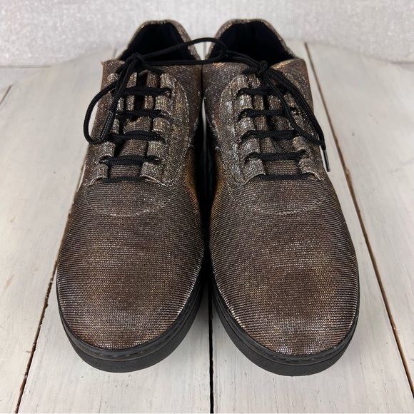 482egu Stuart Weitzman shimmery textile lace up sneakers women 7 gold si… - Picture 3 of 14